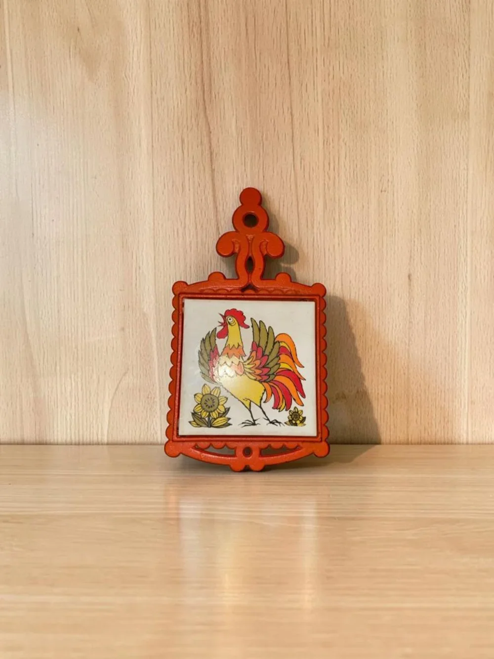 Vintage Cherry Cast Iron Trivet With Rooster Design - Ornate Orange Frame